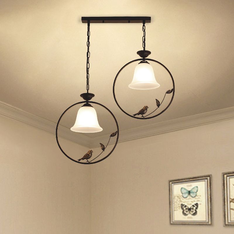 Handblown Glass Flared Shade Pendant Light Vintage Dining Room Hanging Island Light with Decorative Bird in Black
