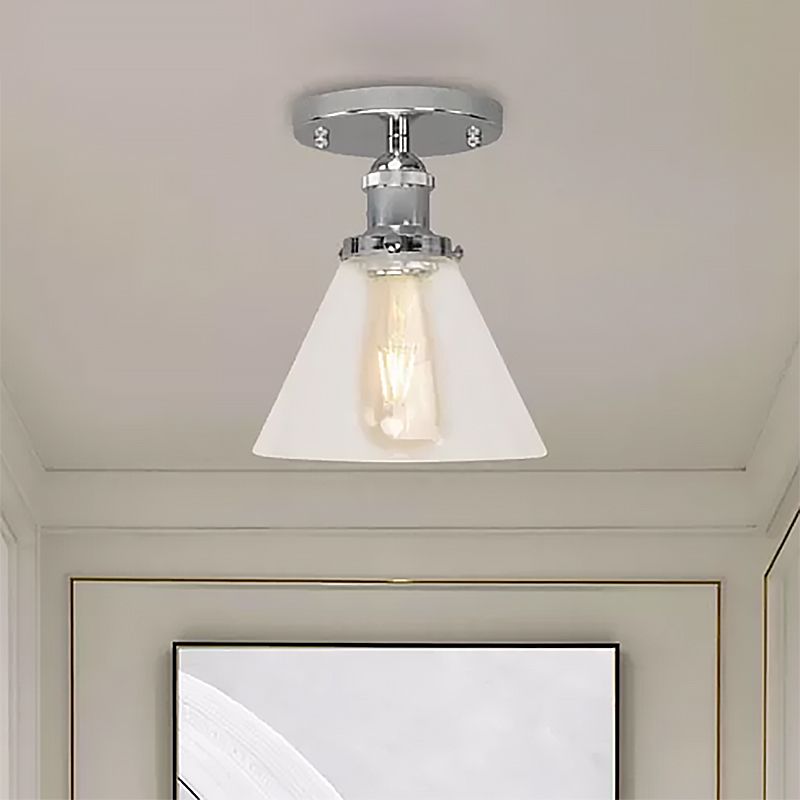Single Bulb Semi-Flush Mount Industrial Conical Clear Glass Ceiling Light in Black / Brass / Copper