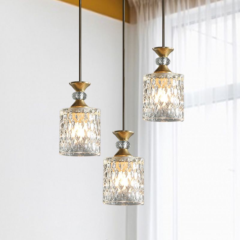 Cylindrical Crystal Cluster Pendant Light Luxurious 3 Lights Restaurant Down Lighting in Gold