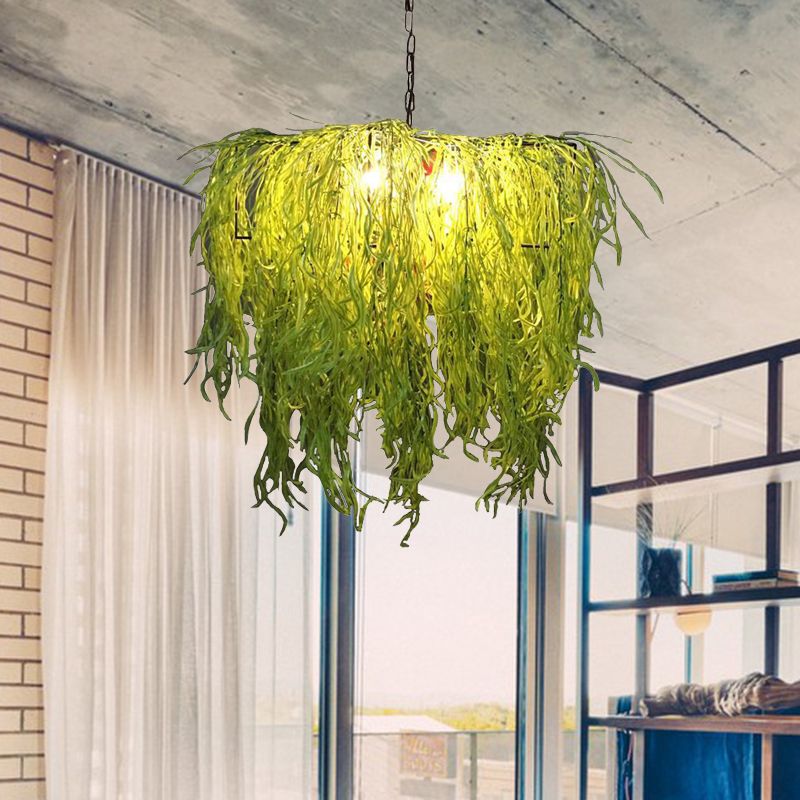 3 Bulbs Chandelier Light Industrial Plant Metal LED Suspension Lamp in Green for Restaurant