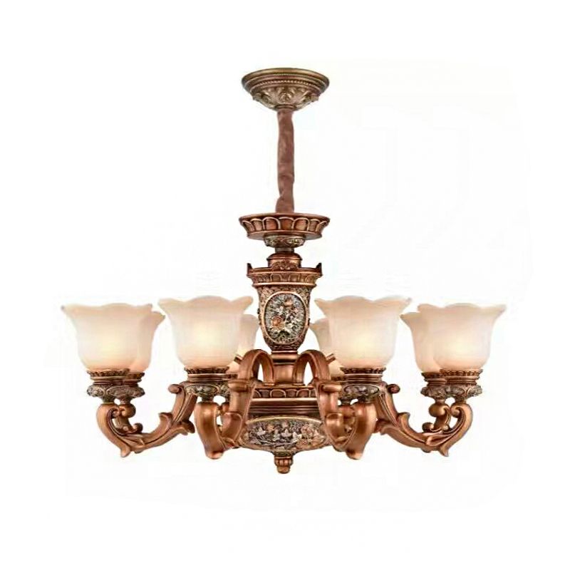 Cream Glass Brown Chandelier Lighting Fixture Floral Shade 6/8-Light Antiqued Suspension Pendant