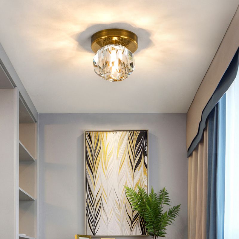 Crystal Ball Ceiling Light Fixture Simple 1 Bulb Brass Flush Mount Light for Aisle