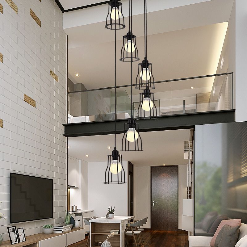 Iron Wire Cage Multi Ceiling Light Industrial 6 Heads Stair Suspended Pendant Lamp in Black