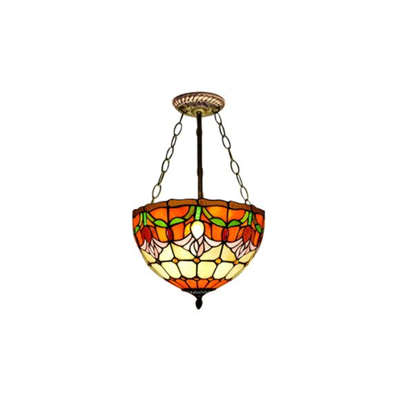Orange Bowl Pendant Light 12"/16" Width Tiffany Rustic Stained Glass Chandelier for Foyer