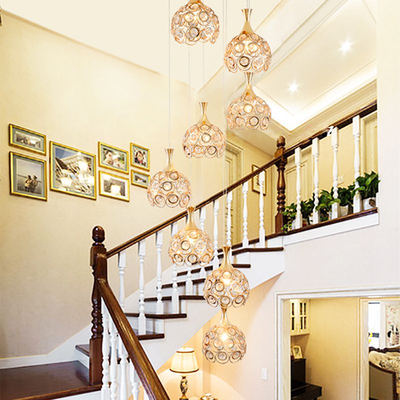 Dome Stair Cluster Pendant Lamp Minimalist Crystal 8 Lights Gold Suspension Light Fixture