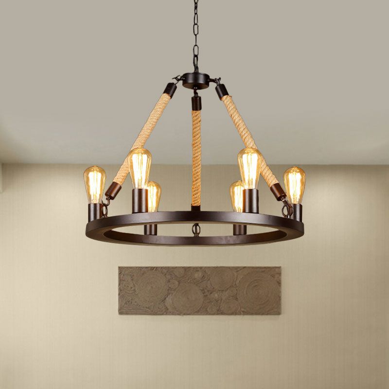 Metallic Circular Hanging Lamp with Exposed Bulb and Rope Vintage 6/8 Lights Dining Room Suspension Light in Brown