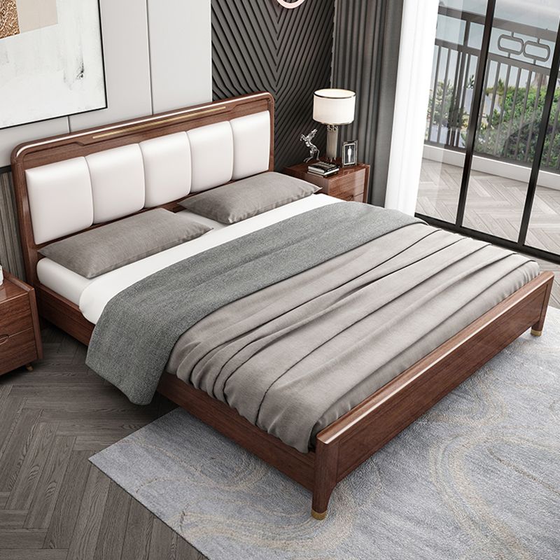 Rubberwood Pine Wood Panel Bed Mid-Century Modern Espresso Standard Bed with Headboard