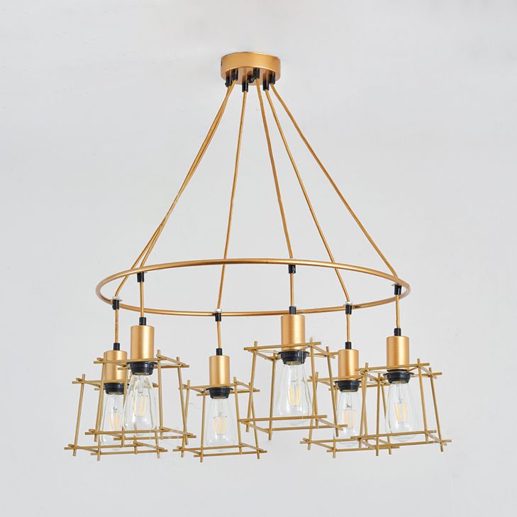 Accendino il lampadario ad anello elegante retrò con sfumatura a gabbia quadrata 6 lampadine in ferro, luce appesa in oro