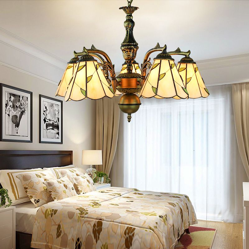 Lampadella del braccio curvo con catena sospesa e vetro foglia Rustico 5 luci a ciondolo in beige