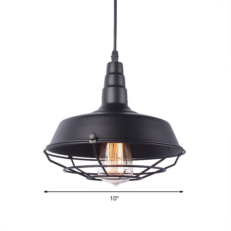 White Inner/Black Wire Guard Pendant Lighting with Barn Shade Vintage Wrought Iron 1 Light Kitchen Suspended Light