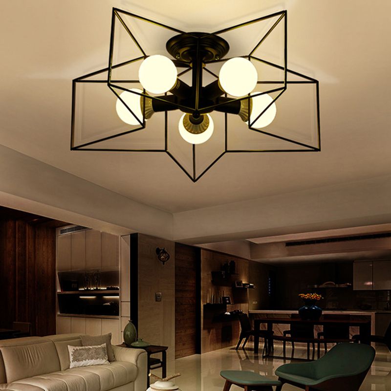 Plafoniera a stella con struttura in ferro in ferro stile retrò industriale, montaggio a semi-incasso a 5 luci