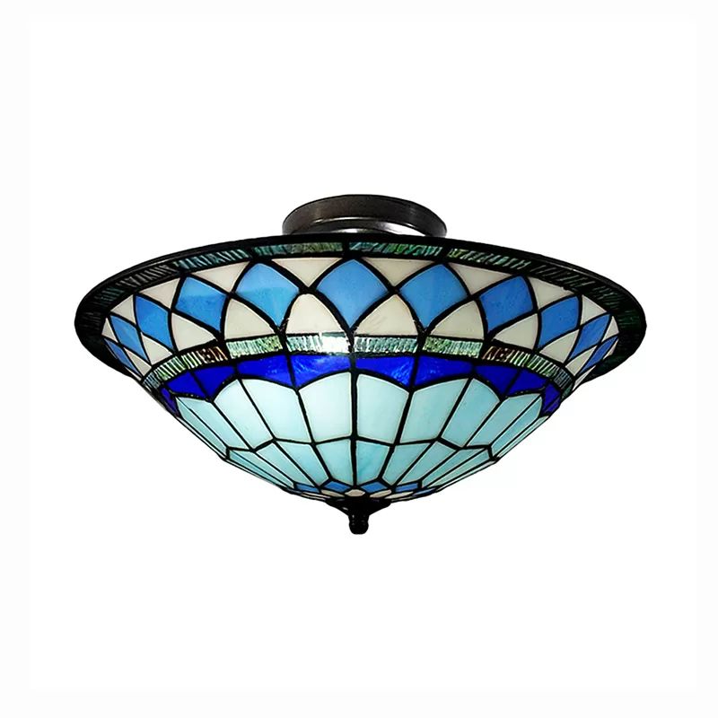 Plafonnier en verre teinté bleu, semi-encastré de style Tiffany avec abat-jour en forme de bol pour le salon, 5" de haut x 16" de diamètre