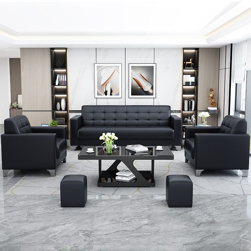 Living Room Leather Sofa in Black Tufted Split-Back Sleeper Seating