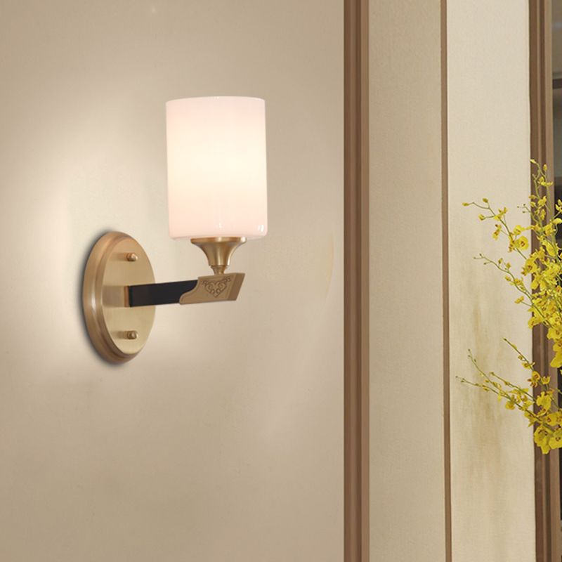 1/2-Head Cylindrical Wall Lamp Traditional Black-Gold White Glass Wall Mount Light Fixture
