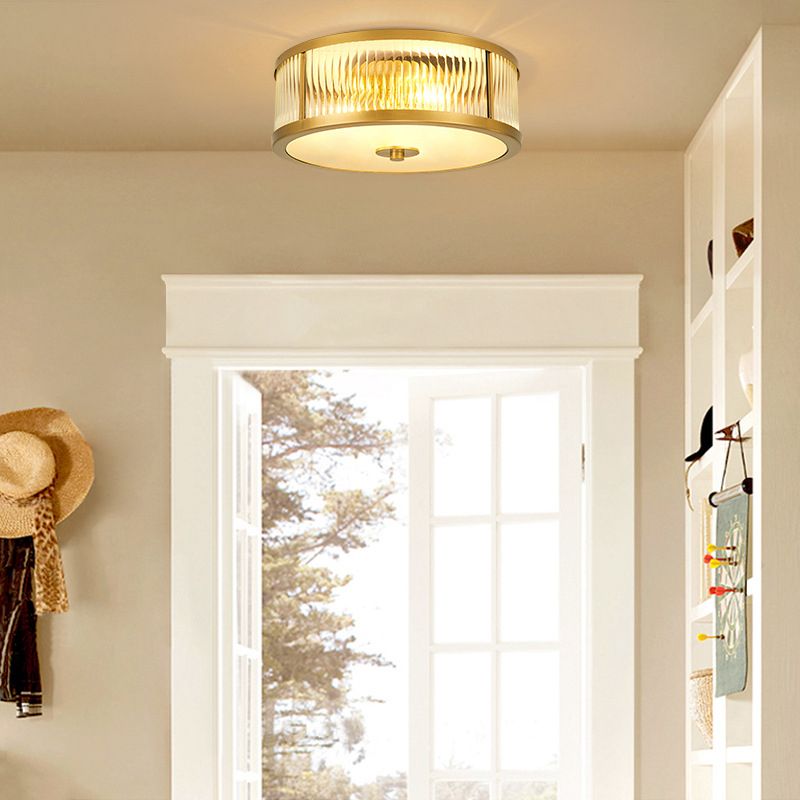 Brass Drum Flush Mount Light Traditional Style Glass Ceiling Light for Bedroom Living Room