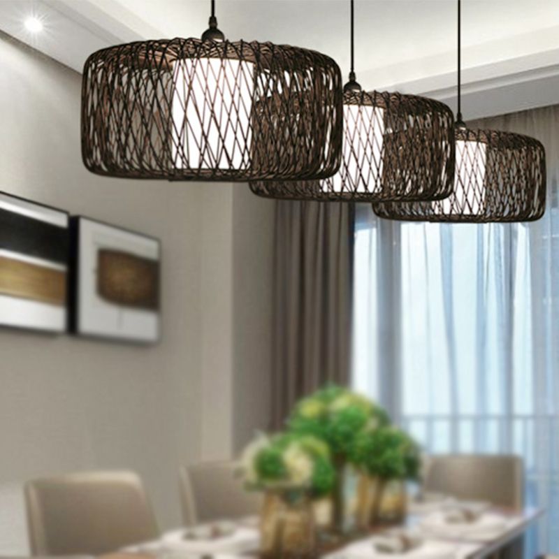 1 Light Restaurant Hanging Lamp with Drum Bamboo Shade Black Pendant Light Fixture, 16"/23.5" Wide
