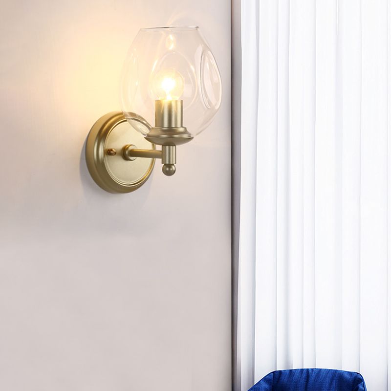 Contemporary Cup Sconce Clear Dimpled Blown Glass 1 Head Wall Mount Light Fixture in Gold