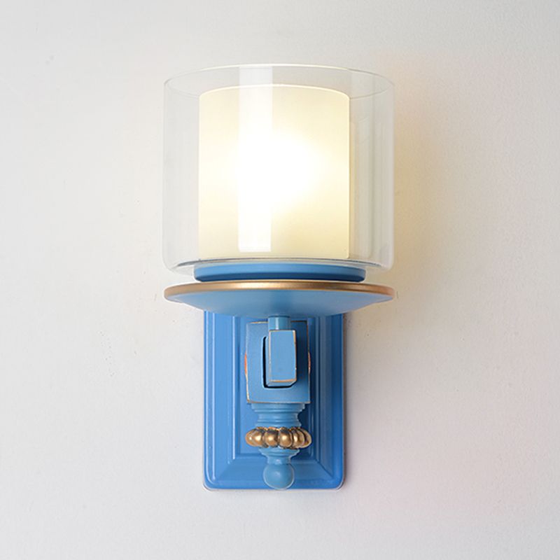 Kids 2 tonos Copa de la lámpara de pared Kit de vidrio transparente y helado 1 cabezal de la habitación del niño con el cielo/agua del brazo azul