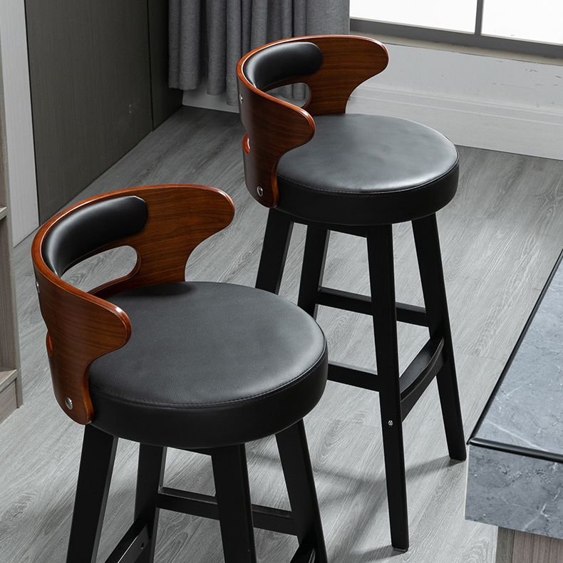 Scandinavian Wood Round Seat Stool Faux Leather Low Back Upholstered Counter Stool