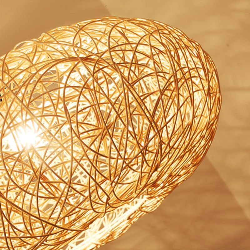 1 Light Rounded Drum Hanging Ceiling Lights Chinese Rattan Suspension Pendant Light for Restaurant