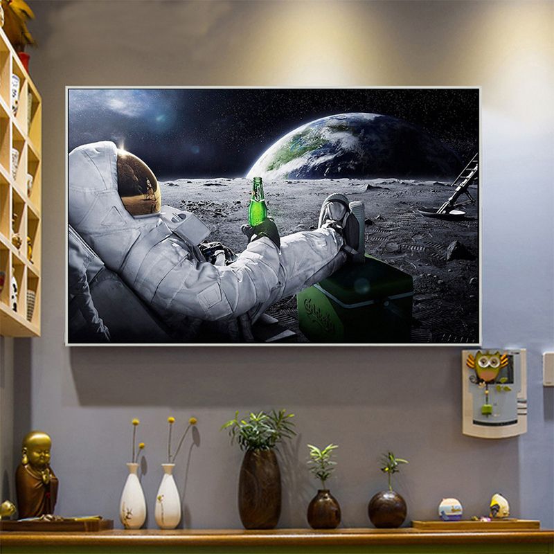 White Kids Wall Decor Astronaut Drinking Wine on Planet Canvas Art for Living Room