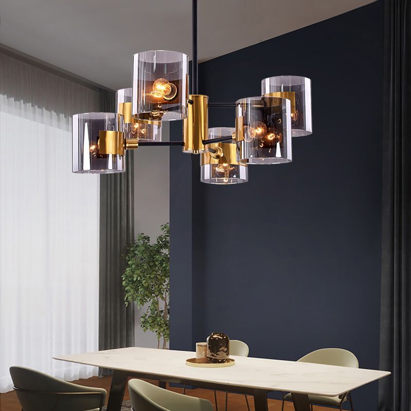 Cilindro a forma di lampadario appeso a sospeso Postmodern Fumo grigio vetro soggiorno Luce a sospensione in ottone
