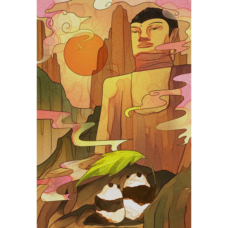 Yellow Rock Buddha Wall Mural Water-Proof Oriental Living Room Wall Art, Made to Measure