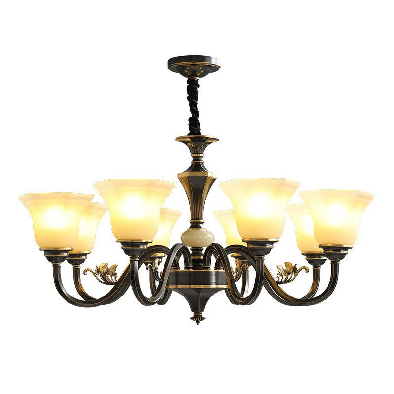 Black Ceiling Lighting Traditional Iron Curved Arm Chandelier Light Fixture with Flared Frosted Glass Shade