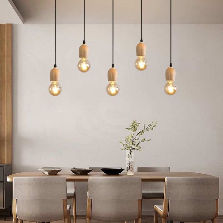 Mini Cluster Pendant Light Minimalist Natural Wood Dining Room Drop Lamp in Beige