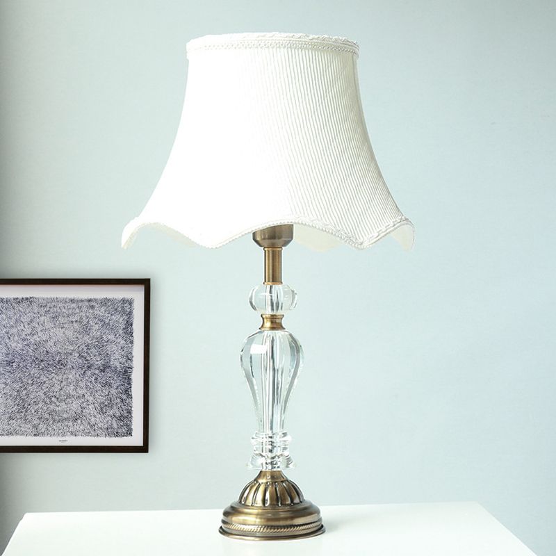 Fabric White Night Table Lamp Scalloped Singe Bulb Simple Nightstand Light with Crystal Accent