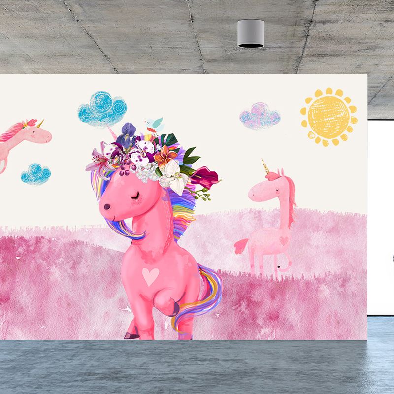 Standing Unicorn Mural Children's Art Non-Woven Cloth Wall Covering in Pastel Color