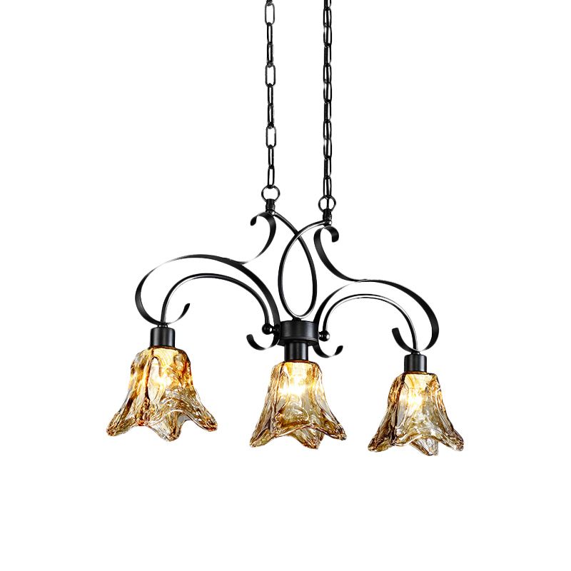 Amber Glass Black Island Lamp Floral 3 Heads Traditionalism Down Lighting Pendant for Dining Room
