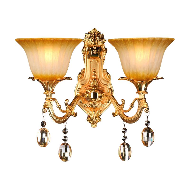 Flower Amber Glass Wall Mount Light Traditional 2 Heads Living Room Sconce Light in Brass