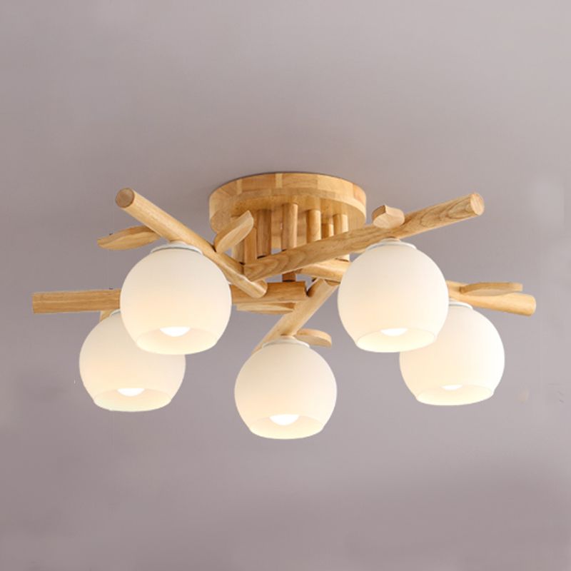 Log Color Indoor Ceiling Fixture in Modern Concise Style Wooden Globe Ceiling Light with Glass Shade