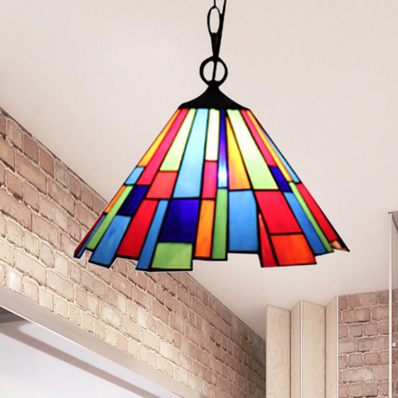 Stained Glass Conical Hanging Lamp Tiffany 1 Bulb Black Ceiling Pendant for Dining Room, 12"/16" Wide