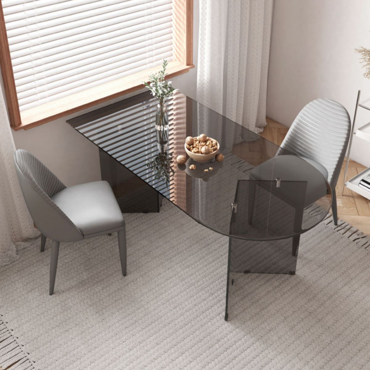 Glass Top Dining Table Modern Table with Double Pedestal Base