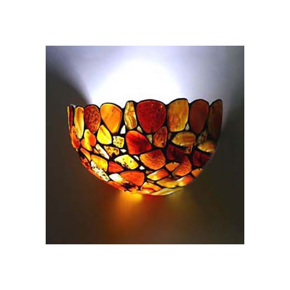 Stained Glass Bowl Wall Mount Light with Stone Design Country Style 2 Lights Wall Sconce for Bedroom