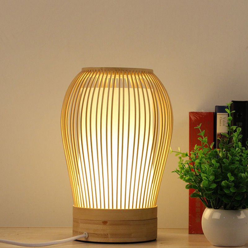 Lámpara de escritorio pequeña con forma de gota blanca, iluminación japonesa de 1 bombilla, con pantalla de bambú para mesita de noche