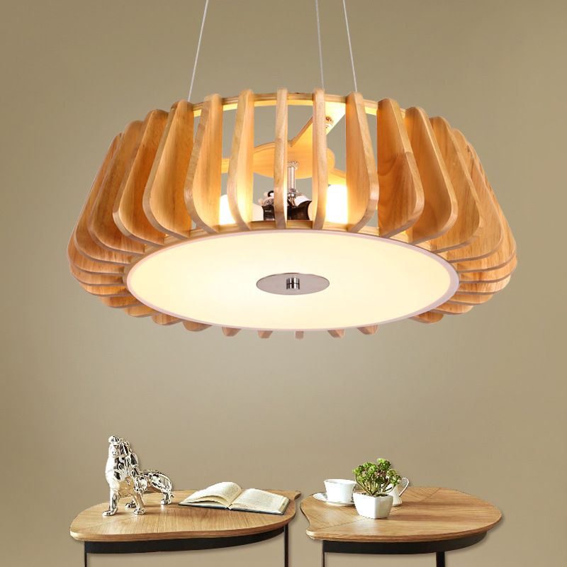 Single-Bulb Dining Room Pendant Light Modern 1 Light Hanging Lamp with Drum Wooden Cage