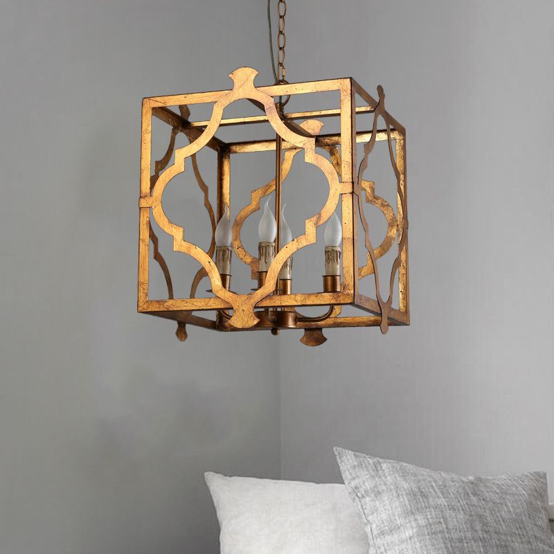 Antiqued Cube Cage Ceiling Chandelier 4 Lights Metal Candelabra Hanging Light Fixture in Brown