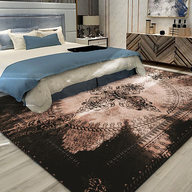 Moroccan Azulejo Pattern Rug Black Multicolor Polyester Rug Washable Pet Friendly Non-Slip Area Rug for Living Room