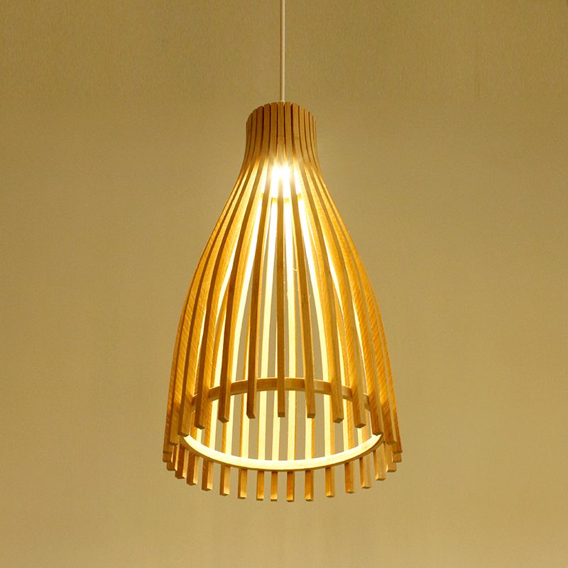 Conical Bamboo Strip Pendulum Lamp Japanese 1-Light Beige Hanging Ceiling Light for Tea House