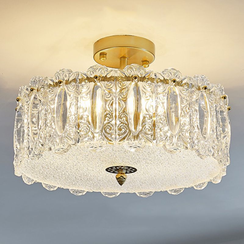 Lampe de plafond de forme ronde Mount à chasse d'eau en fer moderne avec abat-jour en verre pour chambre à coucher