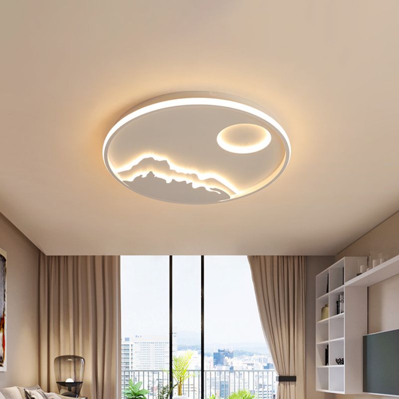 Modern LED Circle Ceiling Light White Mountain Sunrise Scenery Flush Mount with Acrylic Shade in Warm/White Light, 17"/20.5"/25" W