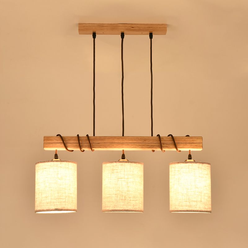 Modern Cylinder Island Lighting Fabric 3 Heads Dining Room Hanging Ceiling Light in Wood