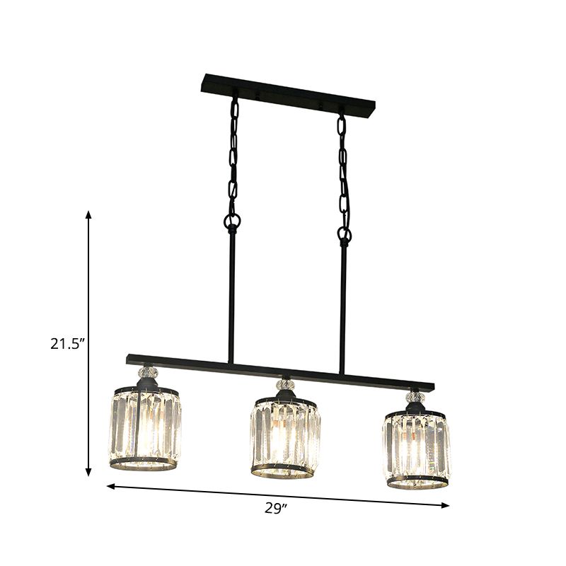 Industrial Cone/Cylinder Island Lighting Clear Crystal 3 Lights Pendant Light in Black for Dining Room
