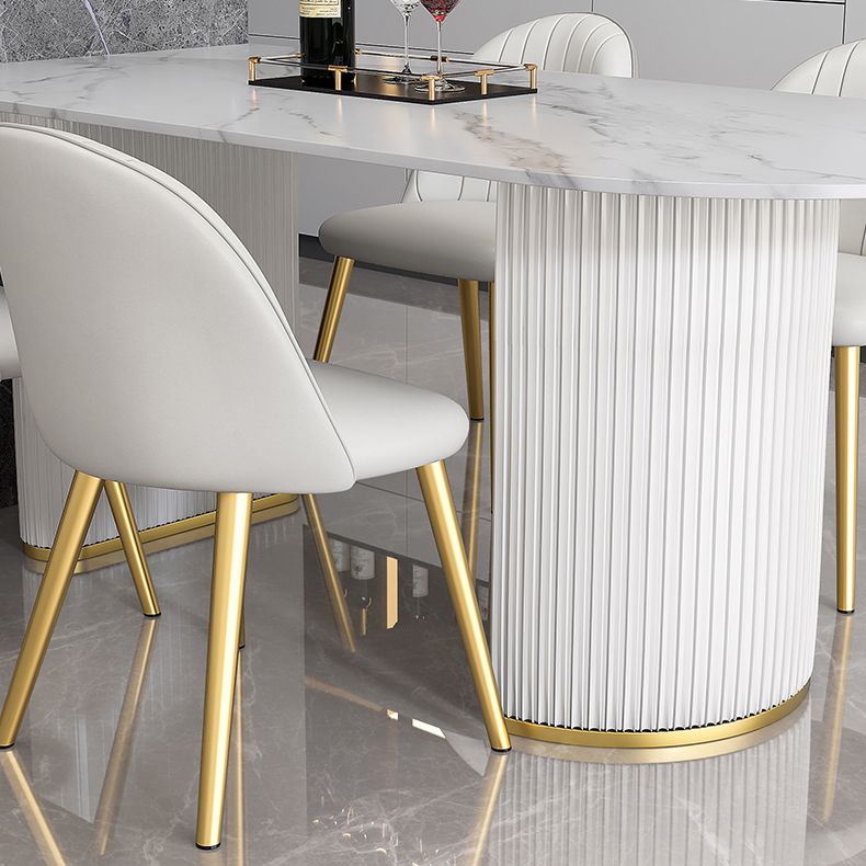 Mesa de forma de comedor de piedra sinterizada de estilo contemporáneo con base de doble pedestal