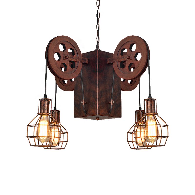 Metal Rust Pendant Lamp Caged Globe 4/6 Light Industrial Chandelier Light Fixture with Gear