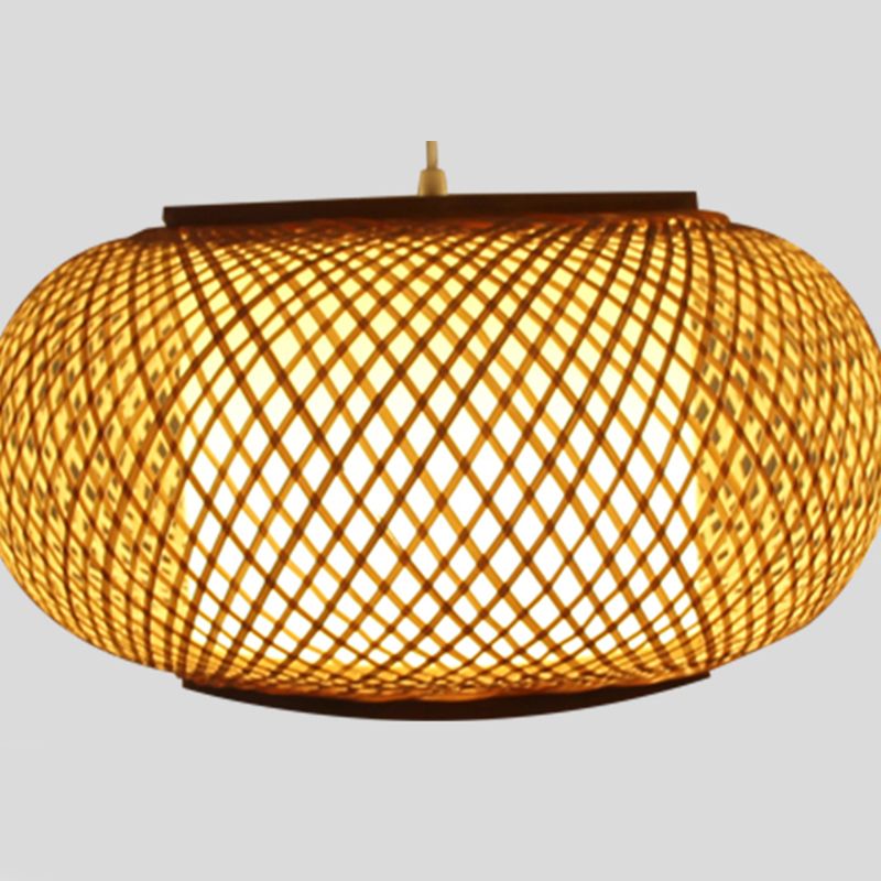 Asia Drum Pendant Light 1-Light Beige Hanging Ceiling Light for Dining Room