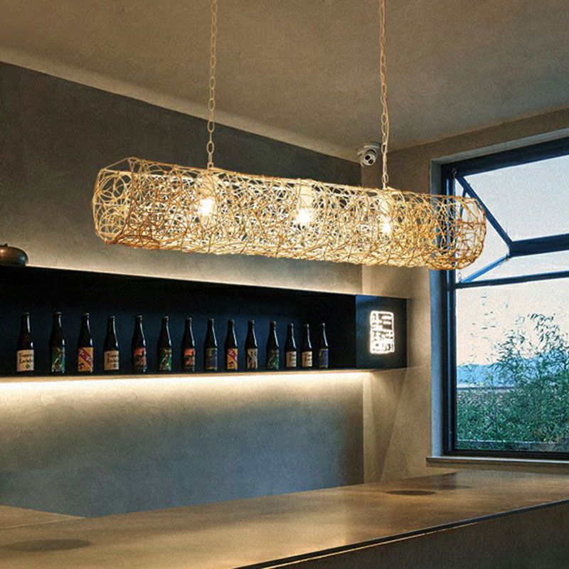 Contemporary Cylindrical Hanging Light Rattan 3 Bulbs Tea Room Island Ceiling Light